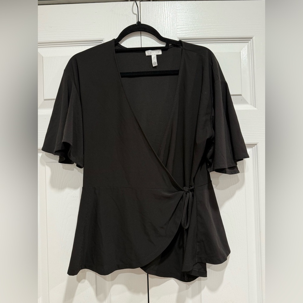 Leith Black Short Sleeve Wrap Top